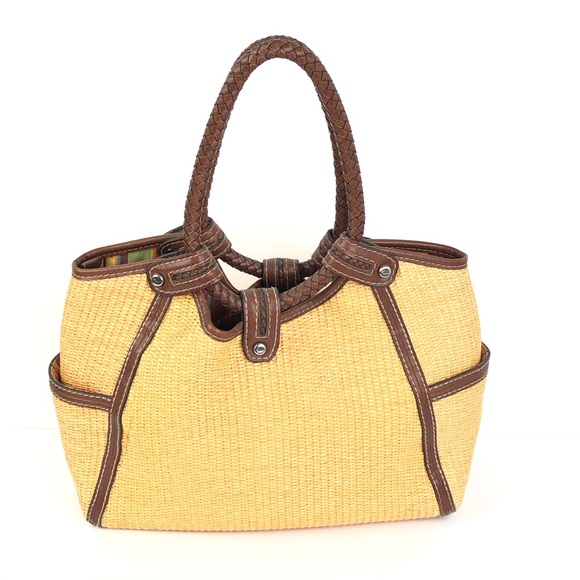 FOSSIL Woven Straw Brown Tote Satchel Purse - Picture 1 of 8